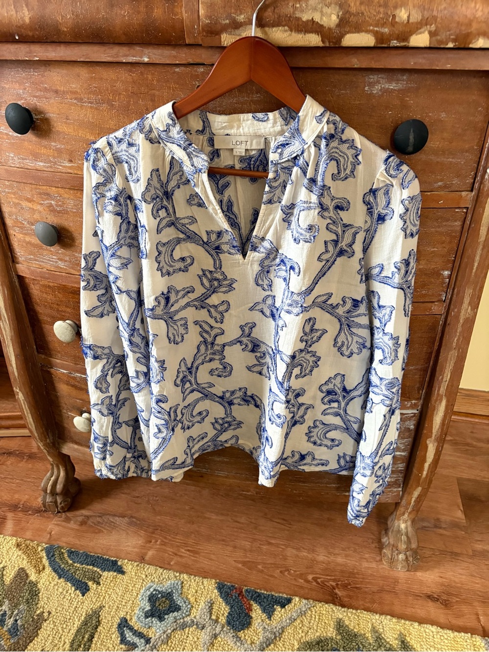 LOFT White Long-Sleeve Shirt with Blue Floral Print